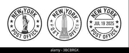 Icona del logo del francobollo circolare New York USA. Cornice per palo con inchiostro in gomma grunge. Immagine di illustrazione vettoriale. Isolato su sfondo bianco. Illustrazione Vettoriale