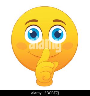 Emoji cartone animato gesto di shush, silenzio, segretezza. Faccia gialla di emoji con grandi occhi blu sorridenti e tenendo un dito indice verso la bocca. Illustrazione Vettoriale