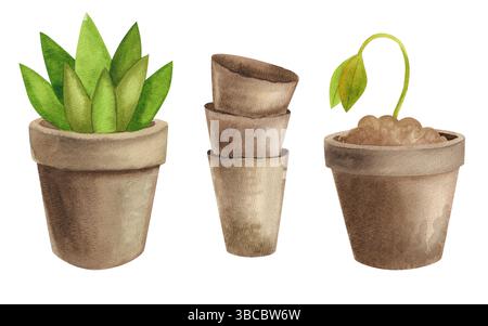 Attrezzi e attrezzature da giardino. Illustrazioni ad acquerello su sfondo bianco. Icone giardinaggio disegnate a mano. Foto Stock