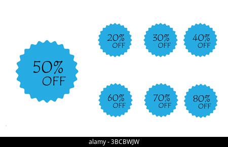 Banner etichetta sconto con diverse percentuali di vendita. 20, 30, 40, 50, 60, 70, 80% di sconto sul prezzo del badge promozione logo set di emblemi vettoriali Illustrazione Vettoriale
