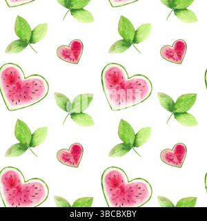 Set di illustrazioni ad acquerello, anguria, foglie, motivo senza cuciture. Motivo senza cuciture. Pezzi e fette di anguria disegnati a mano per la progettazione Foto Stock