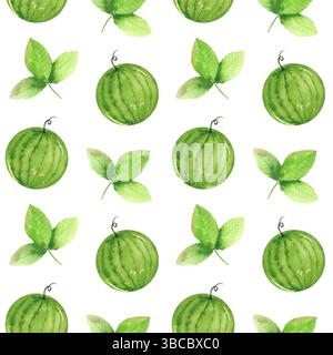 Set di illustrazioni ad acquerello, anguria, foglie, motivo senza cuciture. Motivo senza cuciture. Pezzi e fette di anguria disegnati a mano per la progettazione Foto Stock