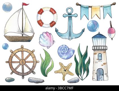 Un faro marino con una barca da pesca, un salvagente, un'ancora e un volante. Illustrazione acquerello. Motivo senza cuciture in un tema nautico. Foto Stock