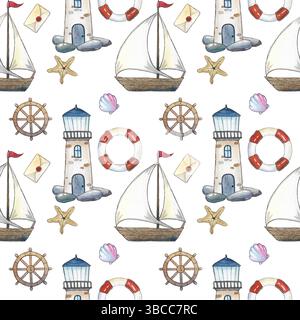 Un faro marino con una barca da pesca, un salvagente, un'ancora e un volante. Illustrazione acquerello. Motivo senza cuciture in un tema nautico. Foto Stock