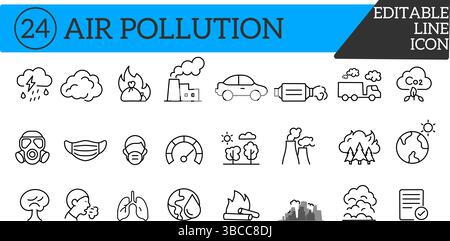 Icone aria pulita e contaminazione - impatto ecologico e industriale Illustrazione Vettoriale