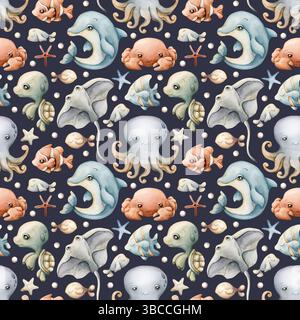 Carini animali marini. Adorabile mondo sottomarino. Delfino, polpo, pesce pastinaco. Motivo estivo senza cuciture acquerello su sfondo blu scuro per bambini Foto Stock
