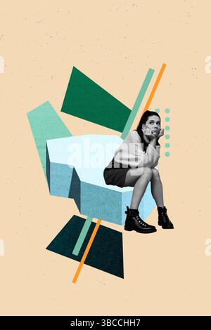 Collage pop poster di una persona seduto sulla neve ghiacciata su sfondo pastello Foto Stock