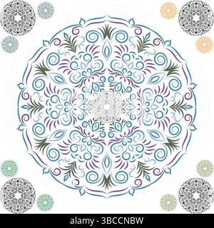 Gli eleganti disegni floreali, mandala e motivi decorativi decorano il design digitale con un elegante motivo floreale e un elemento decorativo intricato Illustrazione Vettoriale