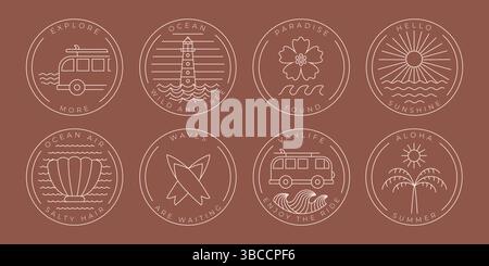 Badge da surf rotondi astratti lineari con citazione . Resort estivo minimalista, atmosfera da campeggio paradisiaca per adesivi, carte, web design. Illustrazione Vettoriale