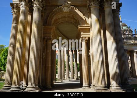 Vista dai dettagli architettonici attraverso le colonne storiche dell'iconico colonnato del campus Neues Palais (Palazzo nuovo) dell'Università di Potsdam Foto Stock