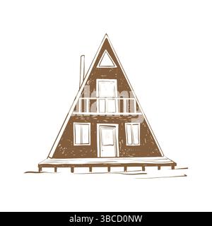 Illustrazione vettoriale con cappa A cornice Ad A triangolare in stile disegno lineare. Attività all'aria aperta, turismo. Illustrazione incisa disegnata a mano. Casa remota nella natura selvaggia e nella foresta per l'avventura o il campeggio su sfondo isolato. Illustrazione Vettoriale