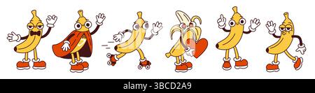 Personaggi dei cartoni animati banana. Mascotte retrò con sorrisi divertenti, mani e piedi, pose ed emozioni diverse, frutta estiva, adesivi Illustrazione Vettoriale