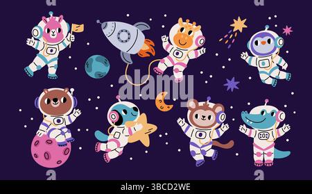 Astronauti animati. Simpatici personaggi faunistici in tute spaziali, divertenti mascotte per bambini, gravità zero, giraffa in tuta spaziale, lama, orso, stella e. Illustrazione Vettoriale