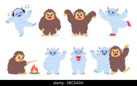 Personaggi dei cartoni animati yeti e bigfoot. Divertenti umanoidi fantasy, mostri soffici, simpatici e felici sasquatch, inverno ed estate, mostri pelosi in diversi modi Illustrazione Vettoriale