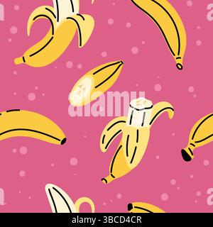 Motivo a banana cartoni animati senza cuciture. Frutta dolce tagliata e intera con buccia gialla, ripetuti elementi biologici. Tessuto decorativo, carta da rivestimento, carta da parati Illustrazione Vettoriale