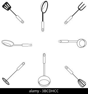 Set di utensili circolari. Articoli da cucina disposti. Utensili in ordine. Vettore bianco e nero. Illustrazione Vettoriale