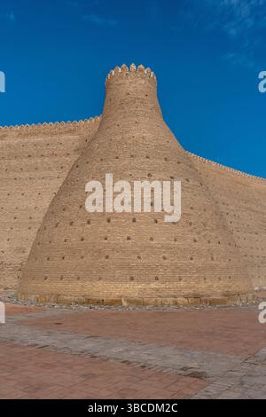 I bastioni ricurvi in mattoni definiscono la Fortezza dell'Arca a Bukhara, Uzbekistan, un simbolo di forza e resilienza nel centro storico della città. Foto Stock
