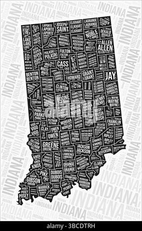 Le contee dell'Indiana mappano le nuvole di parole. Nomi delle regioni dell'Indiana. Design della mappa in bianco e nero. Illustrazione del vettore di tendenza. Illustrazione Vettoriale
