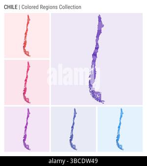 Collezione di mappe del Cile. Forma del paese con regioni colorate. Viola intenso, rosso, rosa, viola, indaco, tavolozze di colore blu. Illustrazione Vettoriale