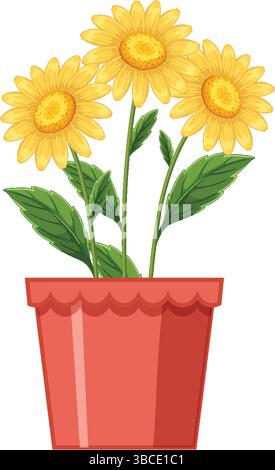 Girasoli gialli luminosi con foglie verdi in una pentola rossa. Stile vettoriale pulito con colori vivaci e composizione semplice Illustrazione Vettoriale