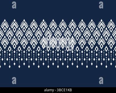 Motivo ikat bianco a forma di diamante con bordi senza cuciture su blu navy per decorazioni, stampe in tessuto, tessuti, carta da parati e altre stampe Illustrazione Vettoriale
