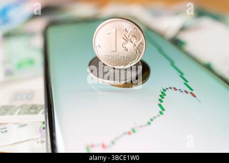 soldi. rublo russo. lo smartphone con la schermata dei tassi di cambio si trova sul notebook. L'aumento del tasso di cambio in borsa. conce di rivalutazione Foto Stock