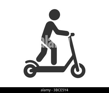 Simbolo icona uomo in sella a uno scooter elettrico. Simbolo del logo della figura umana Riding e Scooter. Immagine di illustrazione vettoriale. Isolato su sfondo bianco. Illustrazione Vettoriale
