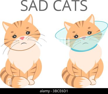 Adorabili gatti cartoni animati con espressioni tristi, indossando maschere mediche e bende. Perfetto per la cura degli animali domestici, la salute, o disegni di supporto emotivo. Illustrazione Vettoriale