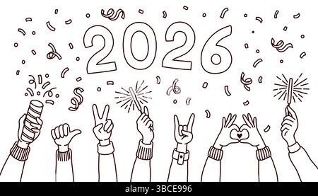 Doodle Style Capodanno 2026 e Banner di Natale con le mani. Felice anno nuovo buon Natale elementi Doodle disegnati a mano Illustrazione Vettoriale