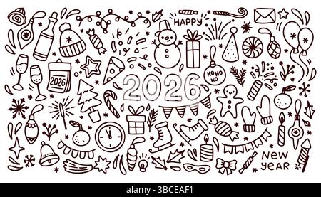 Happy New Year 2026 Doodle elements, set New Year party elements Doodle in nero isolato su sfondo bianco. Illustrazione Vettoriale