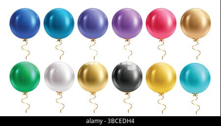 Set clipart elementi 3d compleanno bollature. Colorato palloncino galleggiante clip art gonfiabile su una collezione di elementi grafici lucidi in gomma e lattice Illustrazione Vettoriale