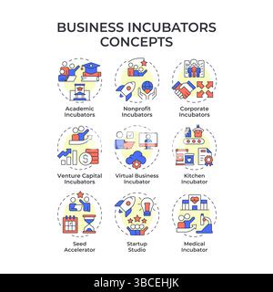 Icone di concetto multicolore per incubatori aziendali Illustrazione Vettoriale