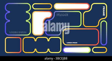 Modelli di cornice per kit ui bento colorati: Forme rettangolari arrotondate, quadrate e irregolari in stile gradiente vivace. Elementi grafici funky per layout di wireframe di siti Web e app mobili o prototipi. Illustrazione Vettoriale