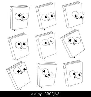 Set di personaggi dei cartoni animati. Libri carini per bambini e bambini in età prescolare. Pagina da colorare in bianco e nero. Foto Stock