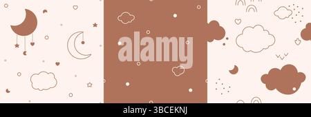 Motivi perfetti per il tuo bambino. Immagini a colori neutri di genere con nuvole di kawaii e foglie arcobaleni cuori della luna. Illustrazione Vettoriale