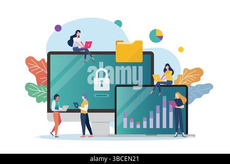 Scena di classe di computer con persone minuscole. Concetto di formazione tecnologica. Illustrazione Vettoriale