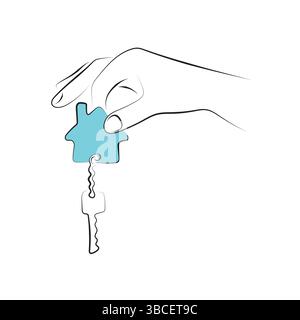 primo piano piano mano che tiene la chiave della casa vettore illustrato a mano disegnato a mano con linee nere isolate su sfondo bianco Illustrazione Vettoriale