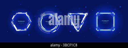 Cornici digitali futuristiche HUD al neon. Portali luminosi con testo. Illustrazione Vettoriale