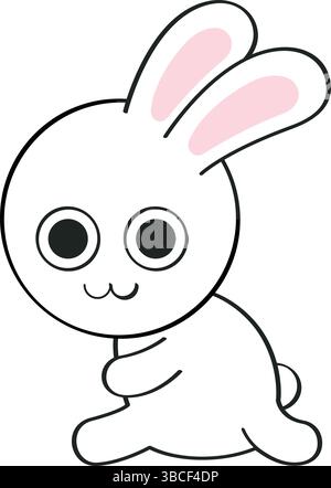 Coniglietto cartoni animati super carino con grandi occhi rotondi, orecchie rosa e una posa giocosa che sembra stia per saltare con entusiasmo! Illustrazione Vettoriale