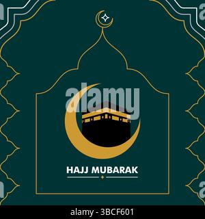 Saluto Hajj mubarak su elegante sfondo verde scuro, saluto hajj mabroor con kaaba e luna mezzaluna dorata, moschea in stile art Illustrazione Vettoriale