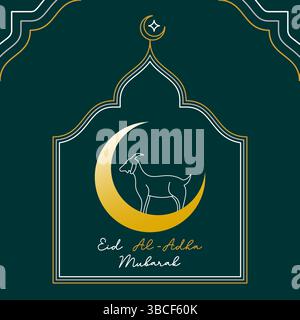 EID al Adha saluto in inglese, elegante saluto Eid Mubarak, Golden Crescent Moon con silhouette di capra su sfondo verde scuro Illustrazione Vettoriale