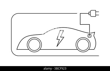 Moderna auto elettrica con icona plug, simbolo auto ev con corsa modificabile, veicolo ecologico, icona logotipo stazione di ricarica Illustrazione Vettoriale