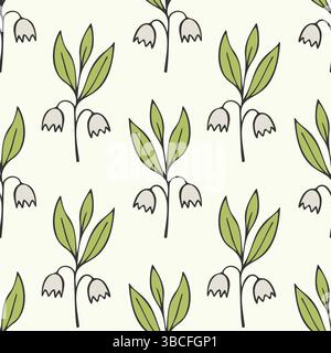 Gigli di vallaria motivo convallaria, disegno a mano di doodle, schizzo stilizzato. Motivo floreale estivo, glade forestale. Per sfondo, rivestimento, carta da parati, Illustrazione Vettoriale
