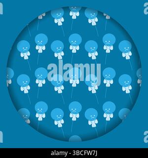 Palloncini rotondi blu con fiocco a nastro legato motivo monocromatico palloncini blu del lunedì disegno tagliato in carta. Ideale per i biglietti di auguri che riflettono la solitudine e l'illustrazione vettoriale dell'emozione del lunedì blu Illustrazione Vettoriale