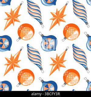 Decorazione dell'albero di Natale motivo senza cuciture in stile cartoni animati. Vacanze invernali giocattoli sull'albero di varie forme su sfondo bianco. Illustrazione Vettoriale