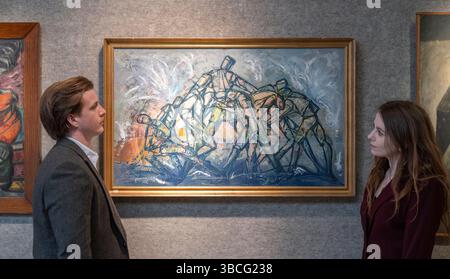 Bonhams, Londra, Regno Unito. 20 maggio 2025. La vendita di arte mediorientale moderna e contemporanea si svolge il 21 maggio. Le attrazioni principali includono: Mohanna al-dura (Giordania, 1938-2021). I laburisti stimano 6.000-10.000. Crediti: Malcolm Park/Alamy Live News Foto Stock