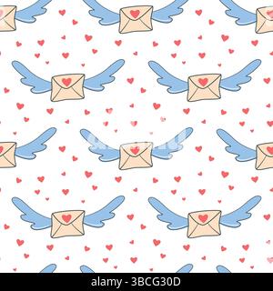 Lettere volanti sulle ali circondate da un motivo di cuori senza cuciture. Messaggio d'amore per san valentino o per le nozze. Carina stampa romantica, vettoriale Illustrazione Vettoriale