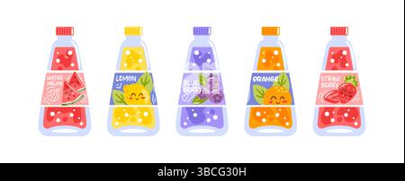 Una divertente illustrazione vettoriale con una serie di bottiglie riempite con varie bibite, fragole, limonata, mirtillo, arancia e anguria. Ogni bottiglia Illustrazione Vettoriale