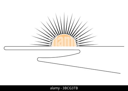 Disegno di una linea continuo di tramonto e nuvola con design minimalista vettoriale Illustrazione Vettoriale