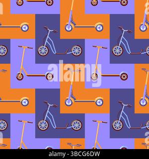 Questo motivo senza cuciture presenta una serie di scooter elettrici con colori vivaci e design dinamici. Perfetto per illustrare lo spirito della sostenibilità Illustrazione Vettoriale